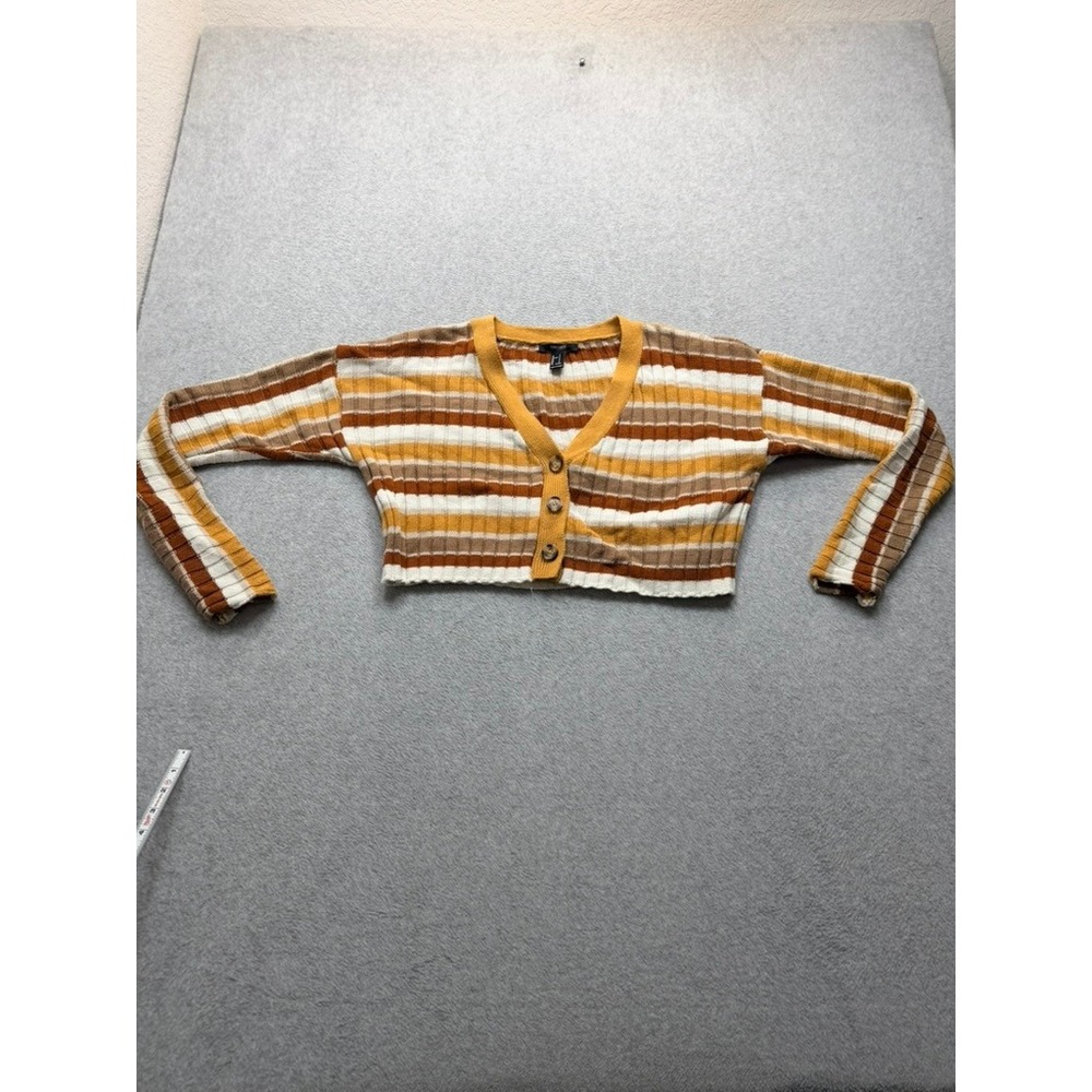Forever 21 Womens Small Cropped Cardigan Sweater Striped V-Neck Mustard Orange